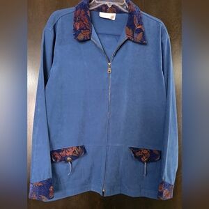 Susan Graver Navy Jacket Embroidered Floral Trim Women's Size L (Read Descript)